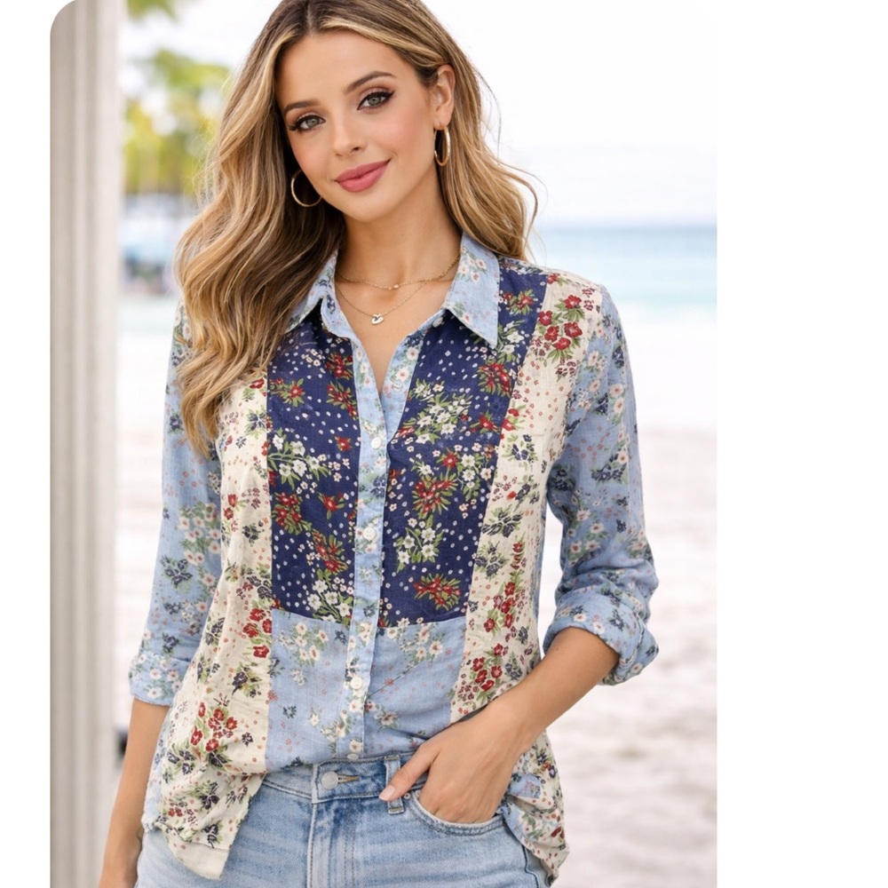Floral Button Down Shirt - Blue and White